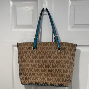 Michael Kors Jet Set Signature Tote Brown MK Canvas Blue Leather Trim